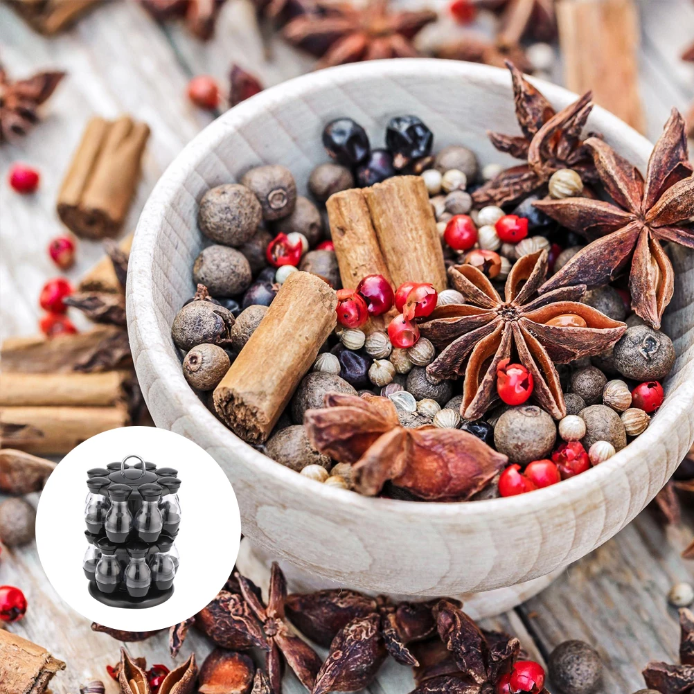 

16pcs Seasoning Bottle Set High Quality ABS AS Chrome Metal 360 Degree Rotatable Kitchen Shelf Spice Jar Case Sealed Condiment