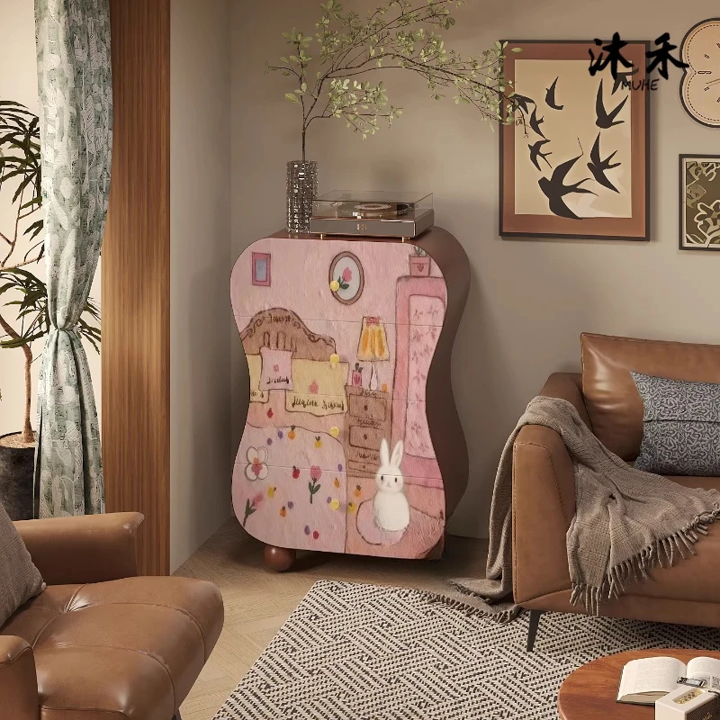 

French niche dopamine art solid wood bedroom four chest cabinet retro living room storage cabinet drawer cabinet