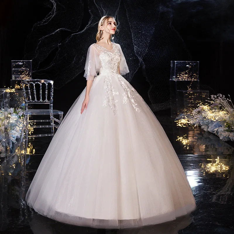 新しいセクシーな V ネックバットウィングスリーブ妊婦のウェディングドレス女性クラシックレースフラワープラスサイズレースアップボールガウン Vestido カスタマイズ
