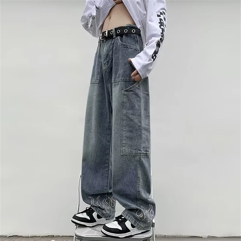 Multi Pocket Cargo Pants Men Jeans High Street Vintage Hip Hop Wide Leg Jeans Men jeans Clothing Loose Casual Mens Jeans