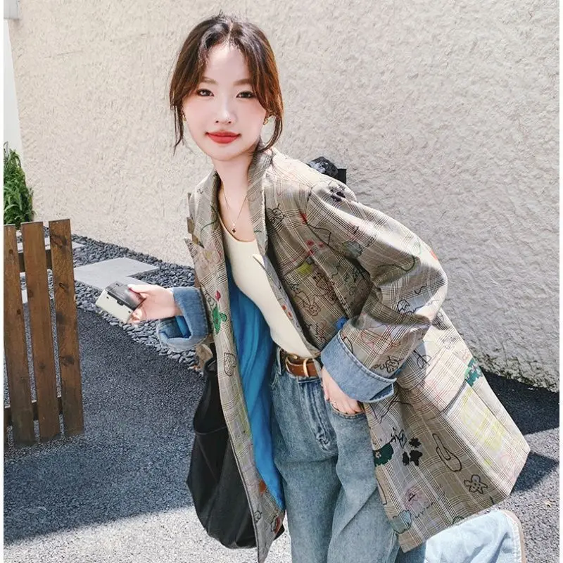 Graffiti Plaid Printed Blazer for Women Spring Autumn Trend High-end Casual Suit Jackets Loose Retro Outfit Jacket Fashio Coats