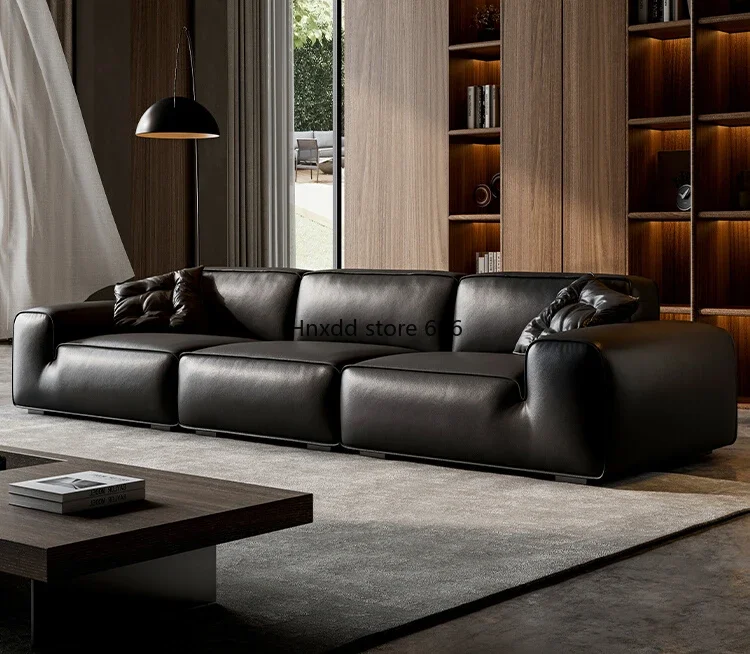 Italian minimalist leather sofa living room first layer cowhide black tofu block sofa