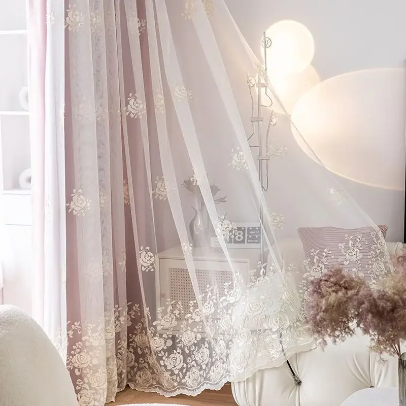 

Elegant Double-layer Curtain Beaded Embroidered Sheer Curtain Plus Blackout Cloth Curtain for Bedroom and Living Room