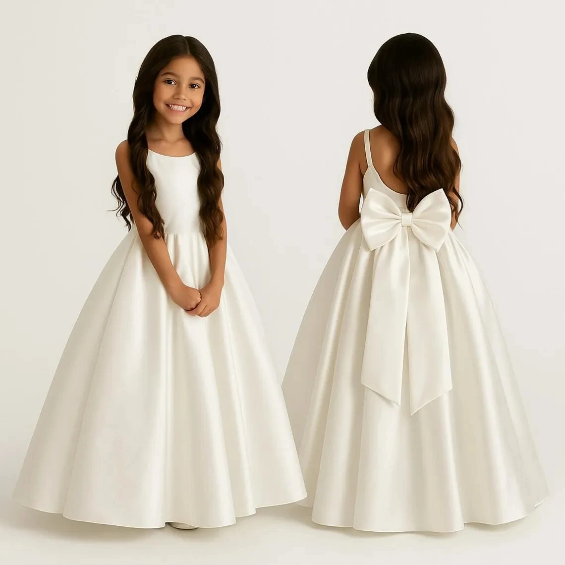 Satin Wedding Party Dresses for Kids Bow Simple Flower Girl Dress Birthday Toddler Bridesmaid Dress First Communion Gowns