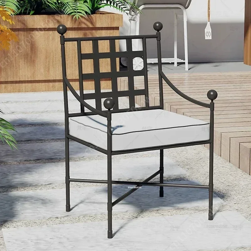 Vintage Chinese Grid Pattern Outdoor Patio Chair, Metal Frame Garden Armchair with Cushion, Luxury Balcony Leisure Dining Chair