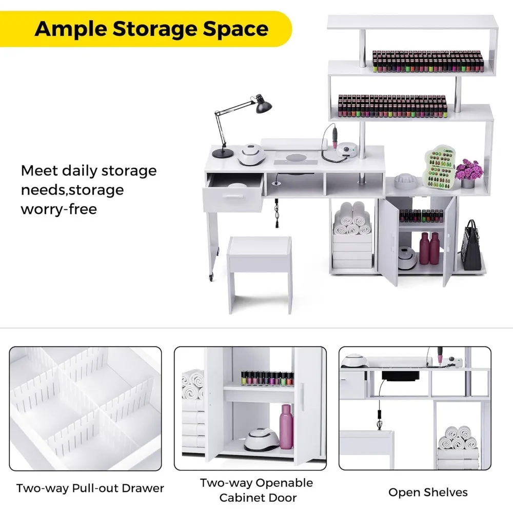 L-Shaped Nail Tech Desk with Stool, Two-Way Drawer,Cabinet & Storage Shelves, Rotating Reversible Manicure Workstation on Wheels