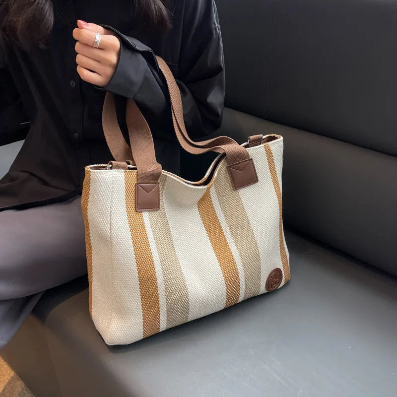 Big Bag Women's 2024 New Fashion Stripe Canvas Bag Commuter Fashionable Handheld Tote Bag Trendy One Shoulder Crossbody Bag