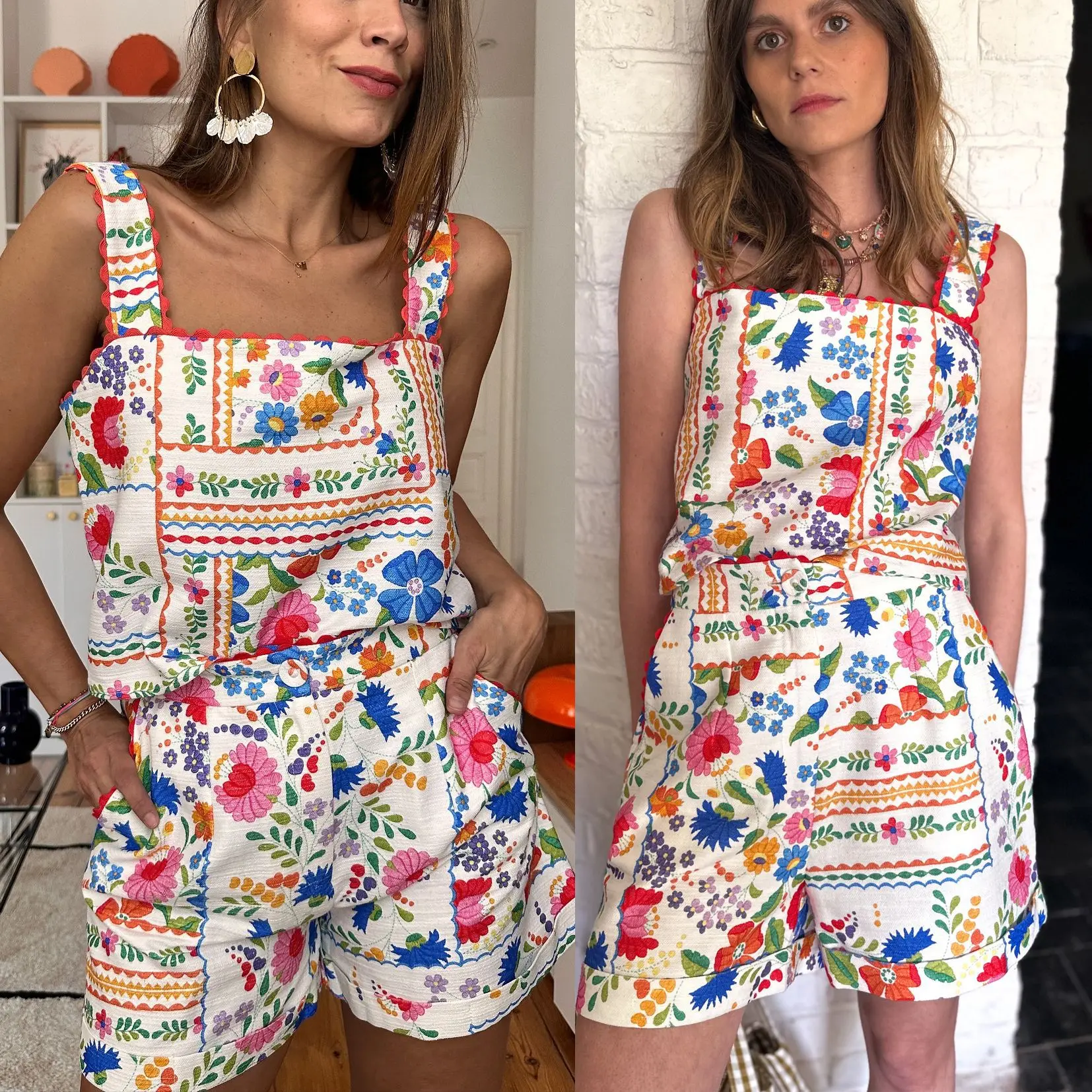 

Summer Spring 2025 New Style Floral Print Two-Piece Set Loose Vacation Pocket Design Overalls High Waist Linen Blend Women's ...
