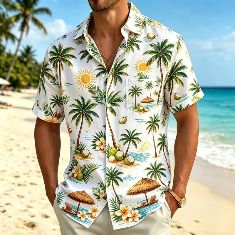 

Men's refreshing summer realistic printed short sleeved shirt with pockets, a summer vacation top with a vibrant atmosphere