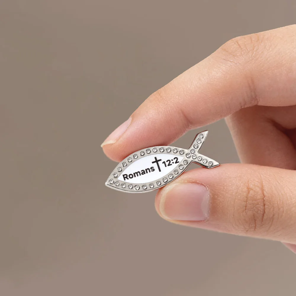 Römer 12:2 Bibelvers Emaille-Pin Christliche Jesus-Fisch-Brosche mit Strass-Kristall Ichthys-Abzeichen Religiöser Schmuck Geschenk für – Detail 4
