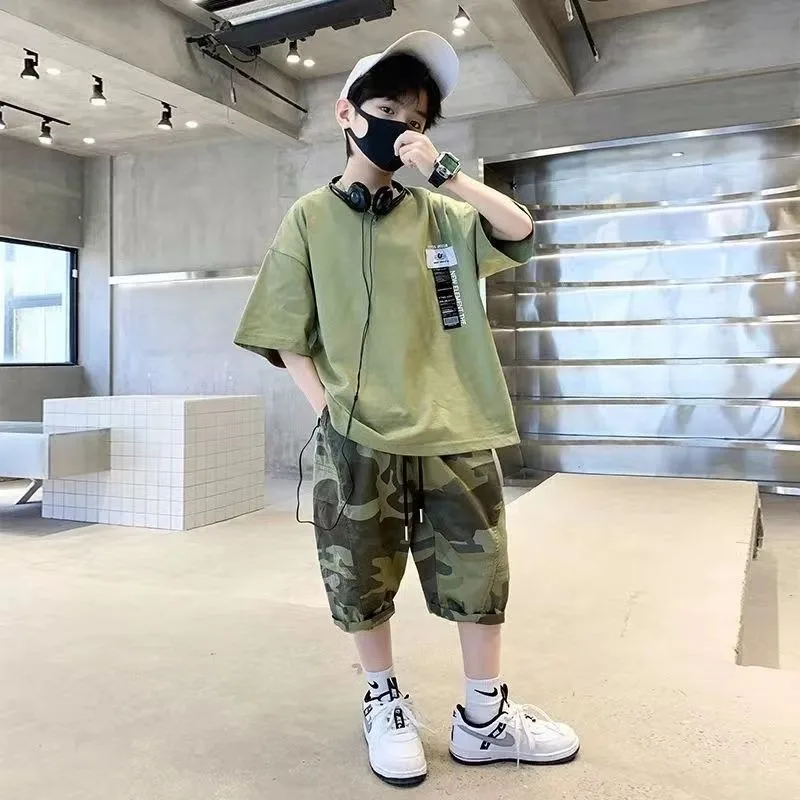 

Short-sleeved Children's Camouflage Korean Clothing 2025 Summer Kids Boys Clothes T-shirts Boutique Fashion 8 14 Years Boy Set 7