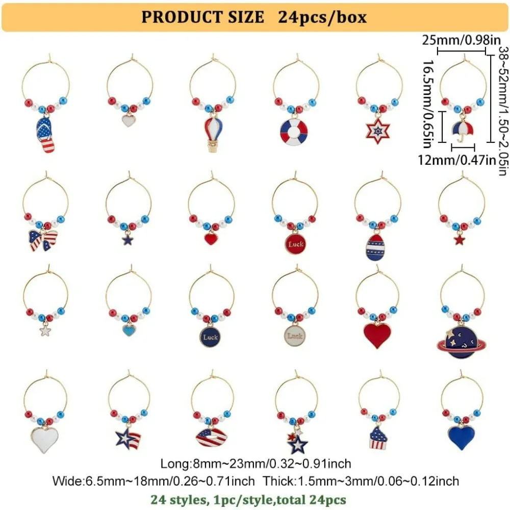 24pcs 24 Style Independence Day Themed Wine Glass Charms American Flag Wine Charms with Brass Wine Glass Charm Ring