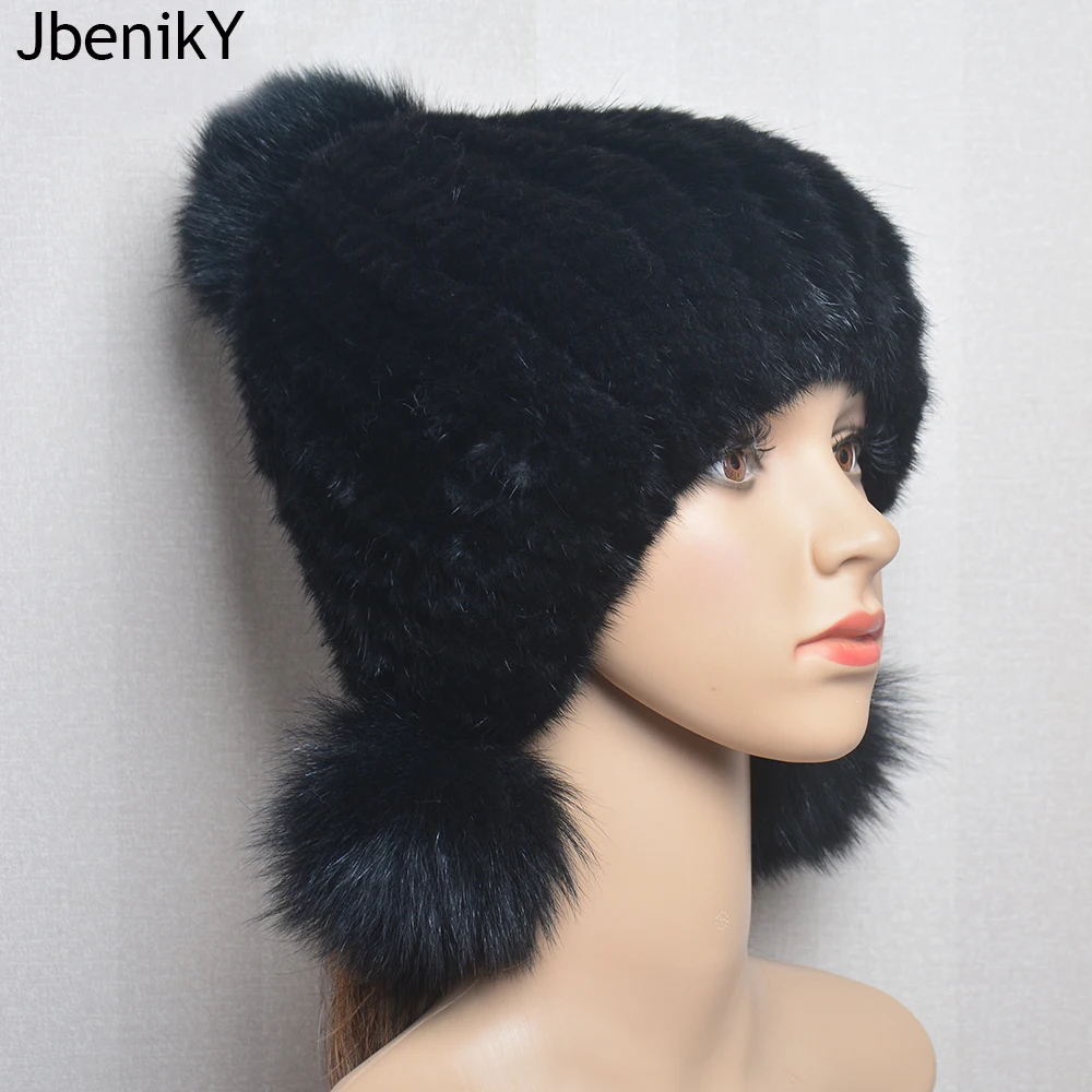 

Real Mink Fur Hat with Fox Fur Ball Earmuffs Protective Cap Winter Hat for Women Russian Autumn Hat Fox Fur Beanies Fall Bonnets