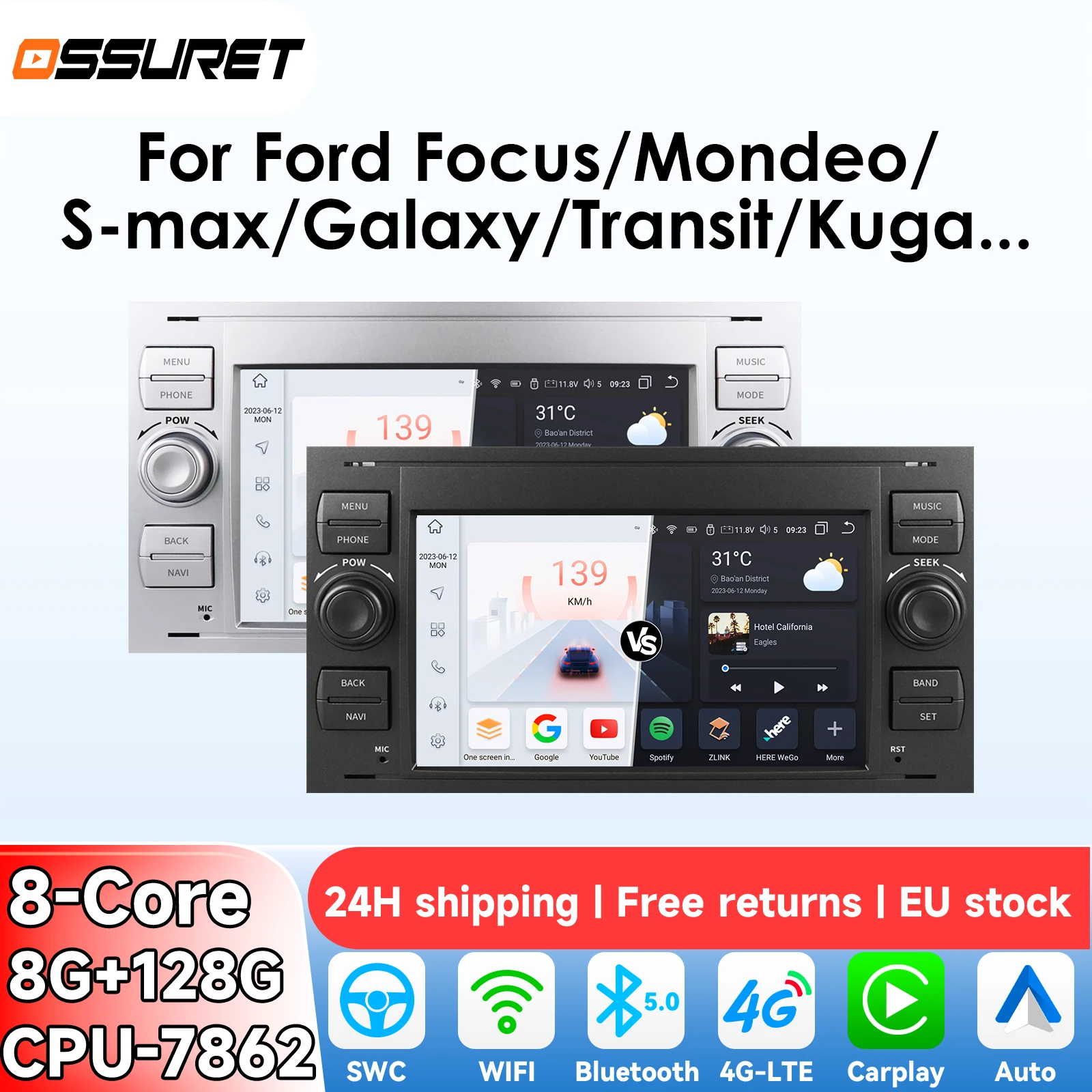 OSSURET 8G 128G Carplay 7'' Android 13 Autoradio pour Ford Focus 2007 Mondeo S-max C MAX Kuga Galaxy Fiesta Transit Fusion Connect GPS Lecteur vidéo multimédia Navi 4G BT DSP 7862