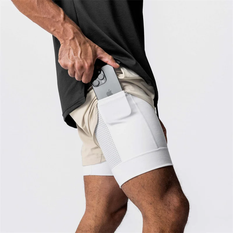 New Summer woven double-deck shorts Gyms Fitness Quick Dry Beach Shorts men 2 In 1 Multi-pocket sweatpants men Running shorts