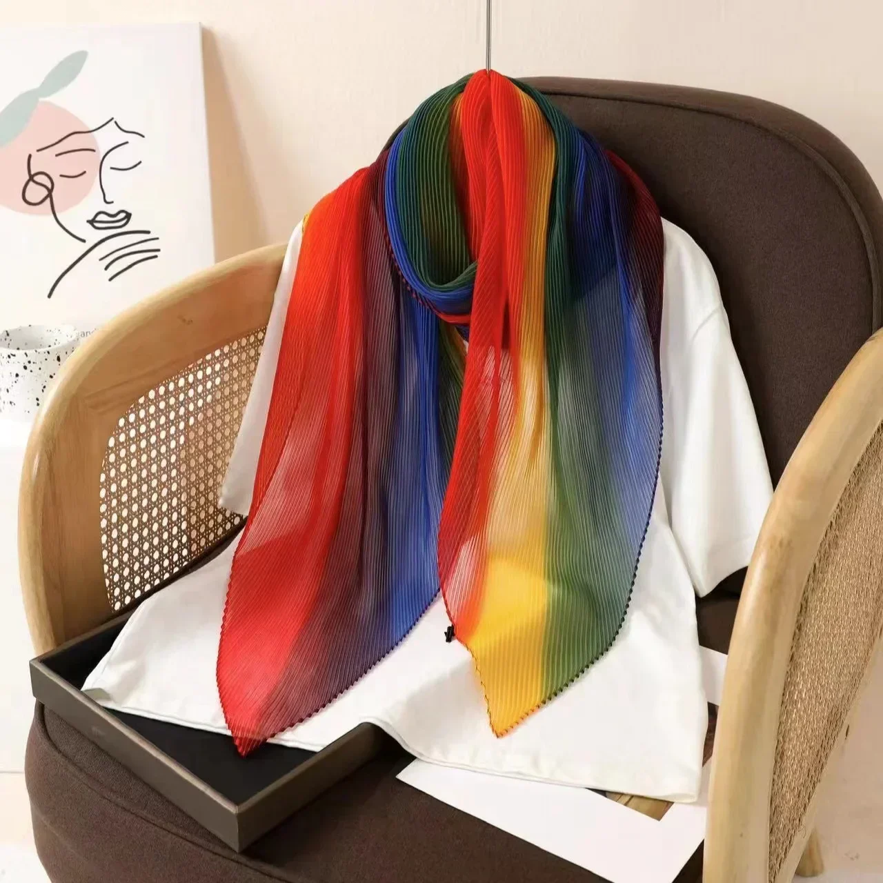 New Rainbow Gradient Scarf Summer Fashion Colorful Crease Multi functional Scarf Versatile Shawl Thin Beach Scarf