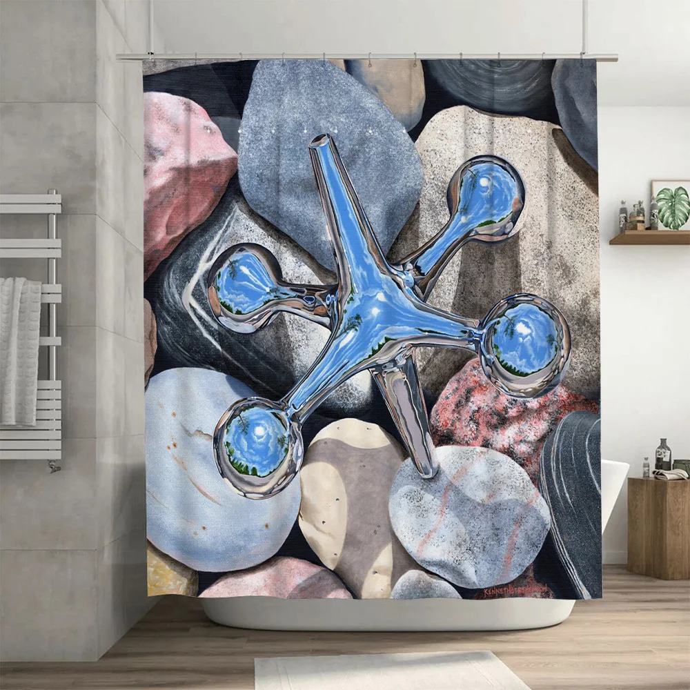 الحمام ديكور دش الستار نسيج مقاوم للماء طباعة شلال الأحجار ديكور المنزل الحديثة الأزرق الكروم تصفيح ثلاثية الأبعاد الطباعة با