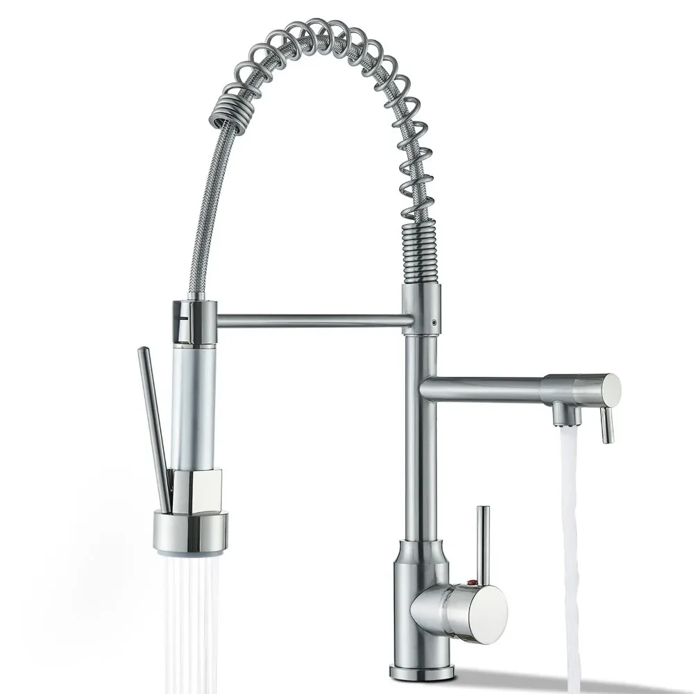 

Brushed Nickel Kitchen Sink Faucet Swivel Single Handle Pull Down Sprayer Mixer