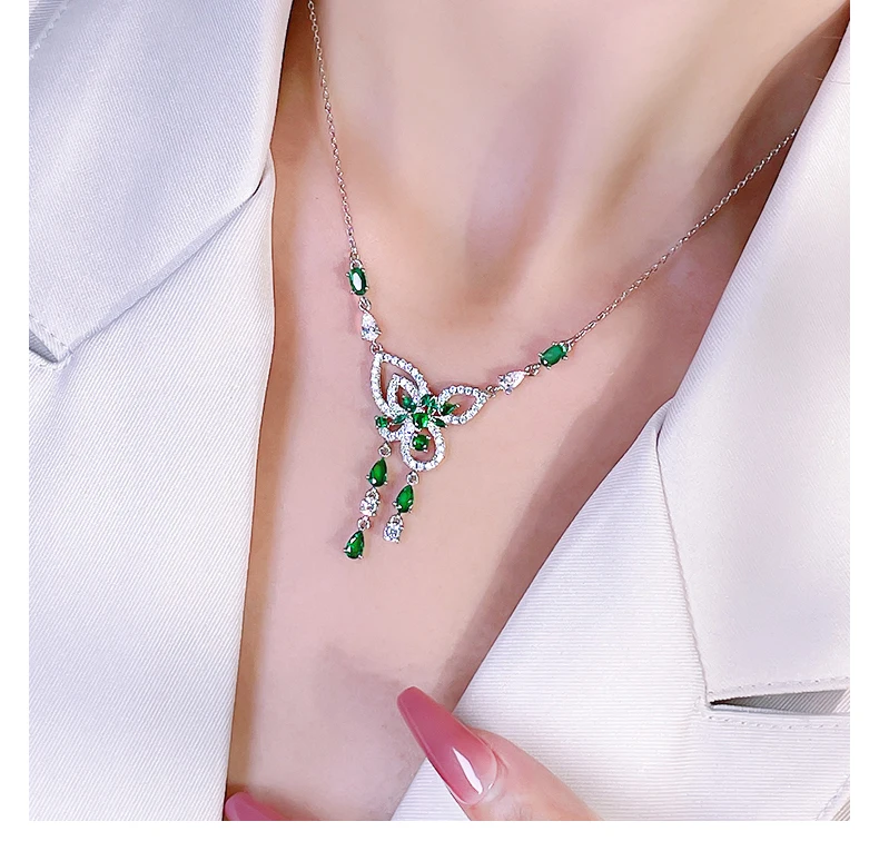 Fashionable Colorful Treasure 925 Sterling Silver Butterfly Pendant Set with High Carbon Diamonds, Retro Design