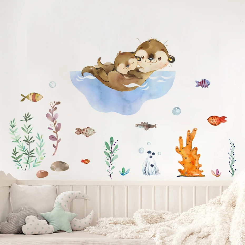 Cartoon Cute Otter Sea Animals Stars Wall Stickers Bear Deer Wall Decals for Kids Room Baby Nursery Room Bedroom Murals
