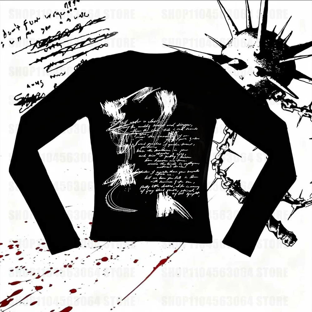 تي شيرت جديد برقبة دائرية وأكمام طويلة تي شيرت فتاة جميلة ومثيرة بقصة ضيقة ثقافة فرعية مثيرة Y2k مطبوعة #1