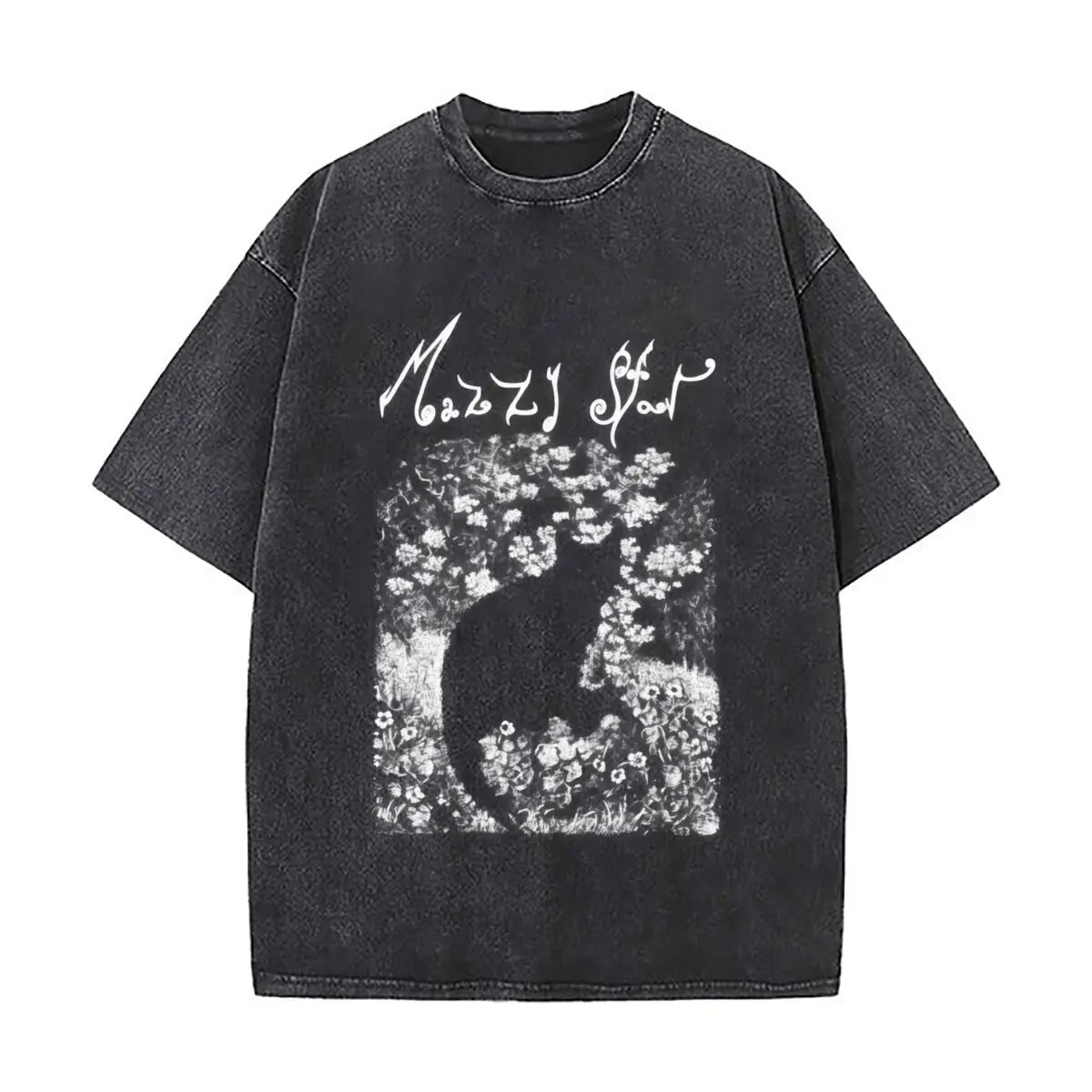 Delicate Floral Wreath Ornamental Botanical Frame Washed Short Sleeve Loose Streetwear Tee Hip Hop