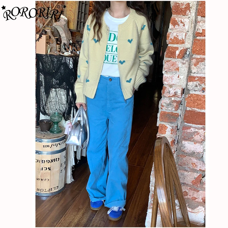 

RORORIRI Женские вельветовые брюки с высокой талией Y2K Прямые брюки с большими карманами в корейском стиле Синие хип-поп Уличная одежда Брюки Длинные брюки