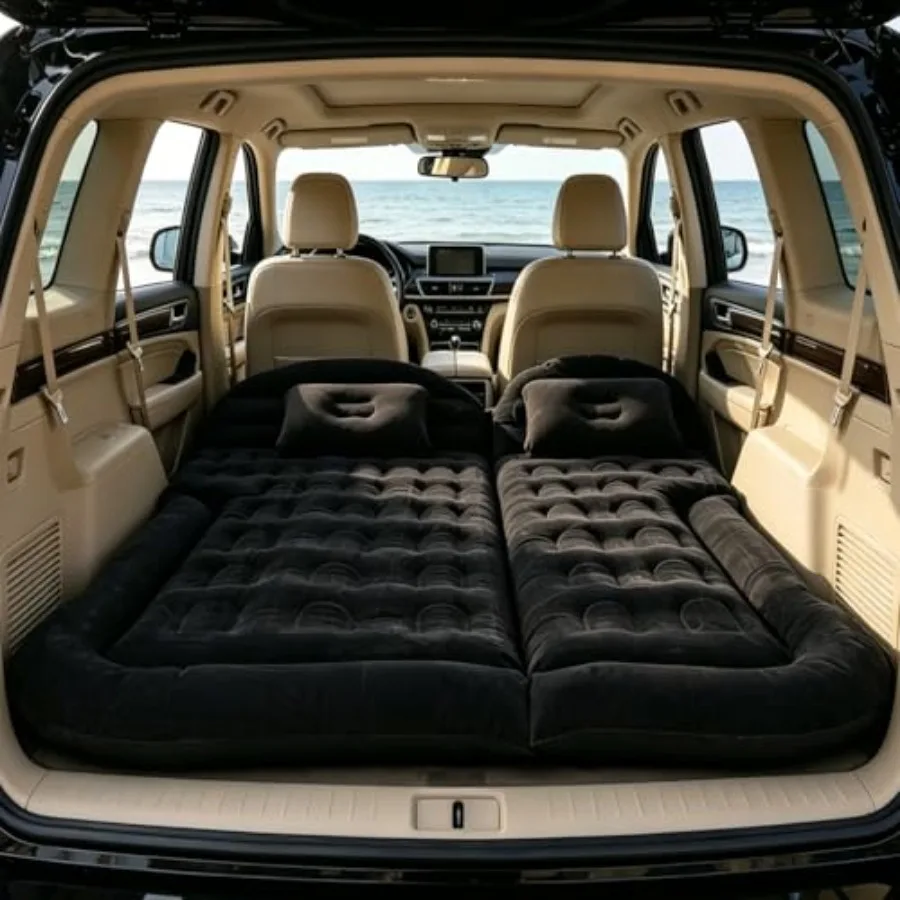 

SUV Air Mattress Bed, Thickened Flocking Flocking Travel Camping Bed with 2 Pillows and Air Pump, Portable Inflatable Car Sleep