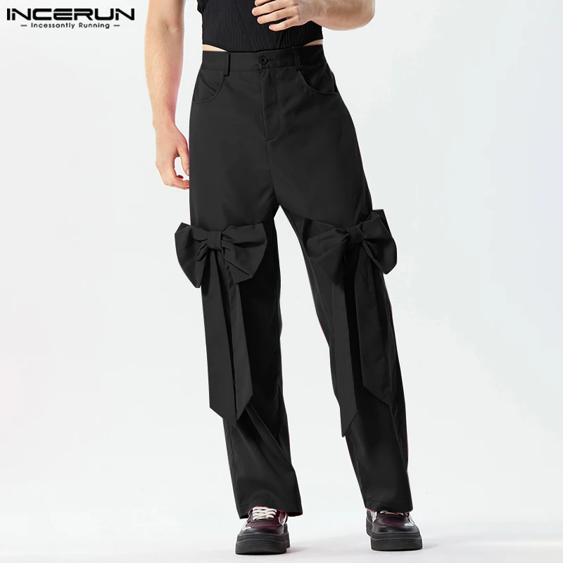 INCERUN 2023 American Style New Men\'s Pantalons Bow Tie Design Long Pants Casual Streetwear Male Solid All-match Trousers S-5XL