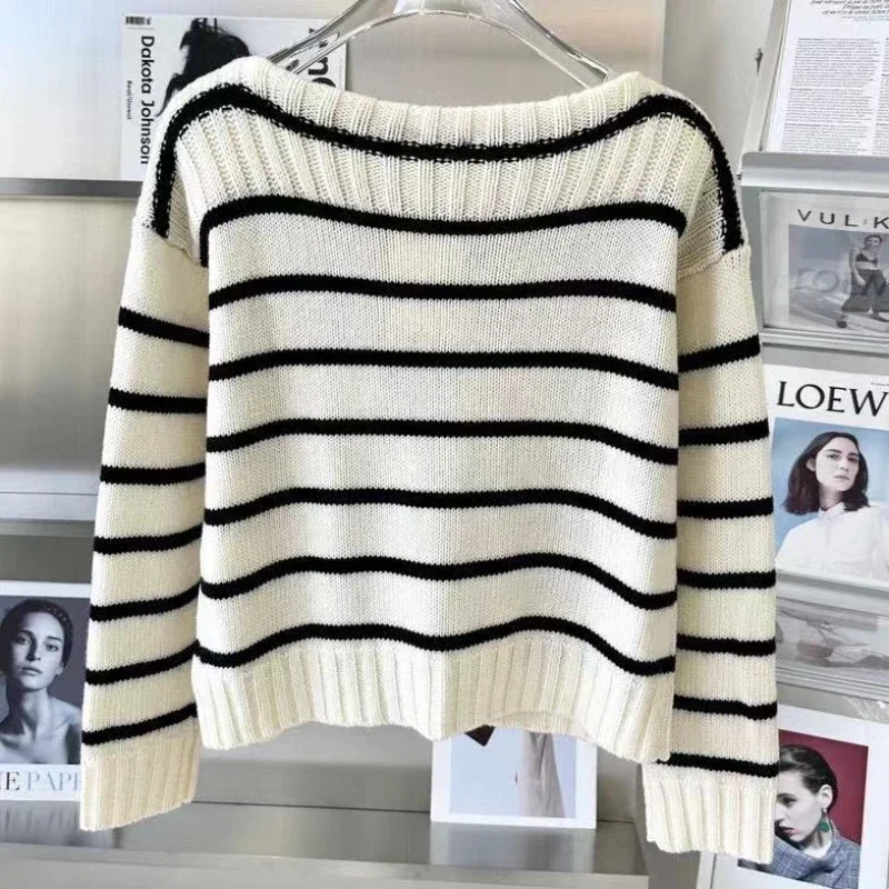 

Women's Striped Knitted Sweater Pullover Off Neck Puff Sleeves Winter Warm Clothes fashion women sweaters 2023