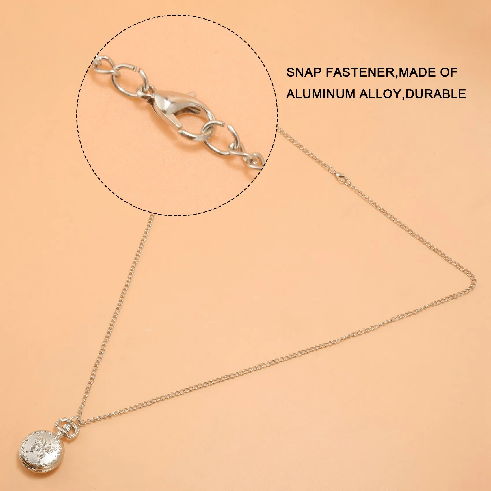 T27C Silver Quartz Butterfly Arabic numerals Pocket Watch with Vintage Necklace