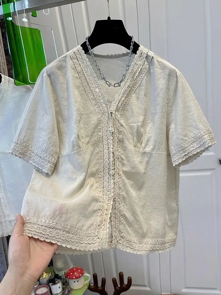 Chemisier en mousseline de soie pour femmes, vêtements de Style coréen, col en v, manches courtes, coupe ample, décontracté, haut tendance, nouvelle collection