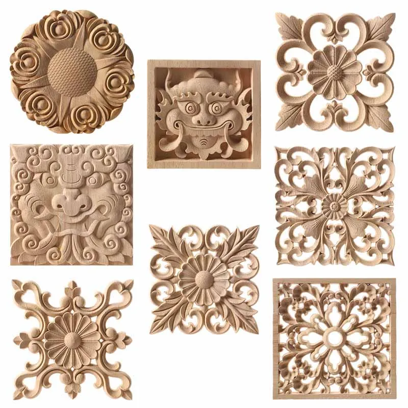 

Furniture Woodcarving Decorative Unpainted Natural Wooden Figurines Crafts Applique Decal Rubber Floral Wood Carved Home Decor