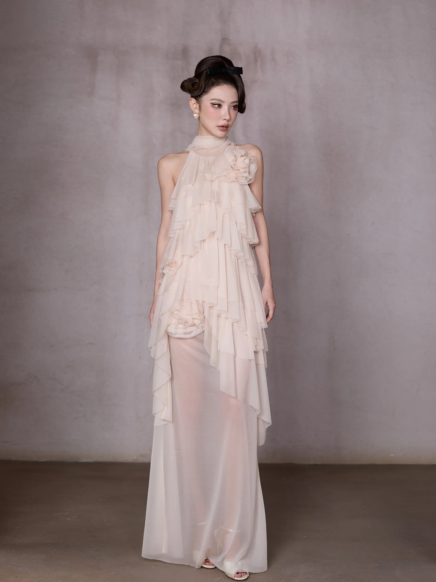 Ele Gentle Breeze oulder Bared Lotus Le Cake Skirt Women's Slim Fairy Long Dr Thousand Gold Wind Sle Dr