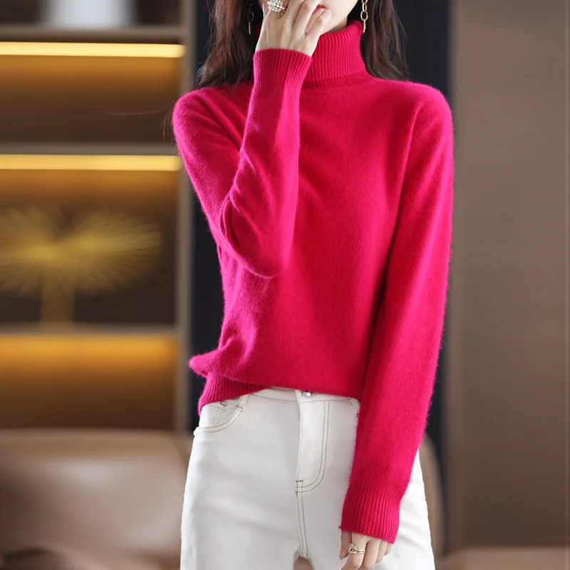 2024 Autumn/Winter New Women's Sweater Pullover Cashmere Sweater High Reverse Neck Long Sleeve Loose Fit Knitted ShirtKorean Top