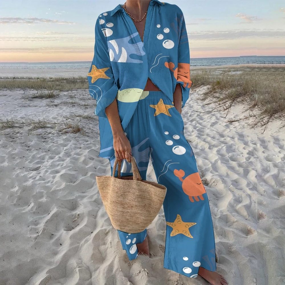 V-Neck Casual High-Quality Women's Trousers Set Cartoon Ocean Printing Beach Lapel Loose 2-Piece Set Summer