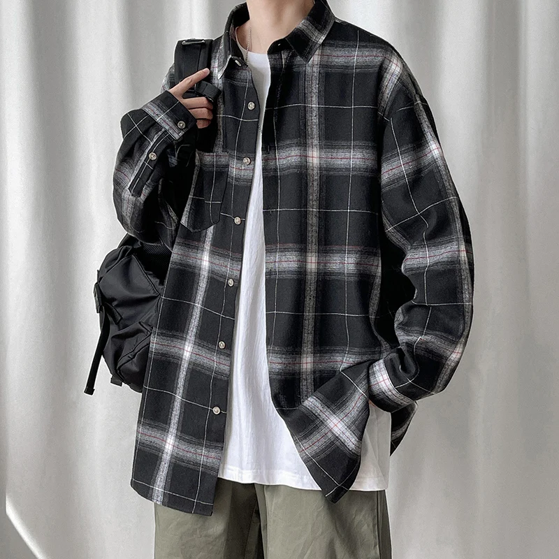 

Spring Autumn 2024 Men's Casual Thin Long Sve irt Loose Fit Plaid Pattern Wear Resistant Dirt Proof Hong Kong Sle Coat