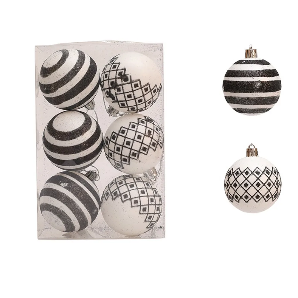 

6pcs 6cm Painted Christmas Balls Set Cartoon White and Black Electroplated Hanging Balls Elegant Plastic Xmas Tree Pendants