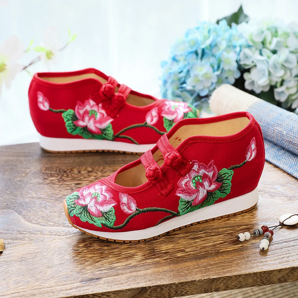 Veowalk No Tongue Design Women Canvas Embroidered Hidden Platforms Shoes Comfortable Ladies Thick Bottom Fabric Sneakers