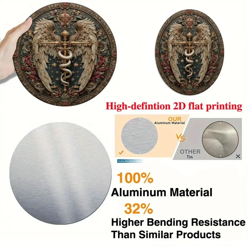 تصميم فني جداري عتيق من الألومنيوم بتصميم Caduceus مزدوج - لهجة ذهبية مقاس 8 × 8 بوصة، ديكور أنيق للمنزل والمكتب والحديقة، هدية للعطلات