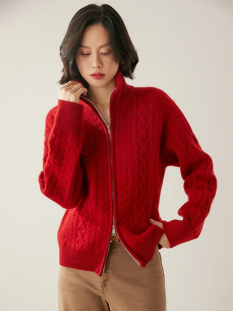 Heavyweight Women 100% Cashmere Sweater Cable Knitting Cardigan Luxury Vintage Style Thick Cashmere Knitwear Autumn Winter Tops