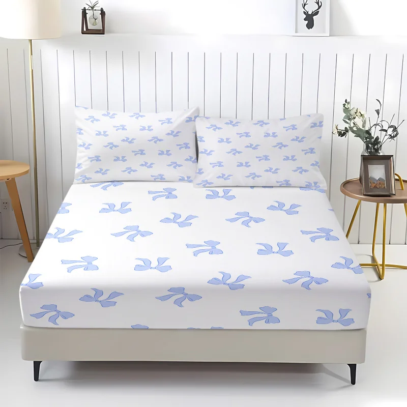 Coquette Blue Line Bow Fitted Sheet Set White Background Thin Outline Ribbon Print Bedding Soft Girly Teen Bedroom All Sizes