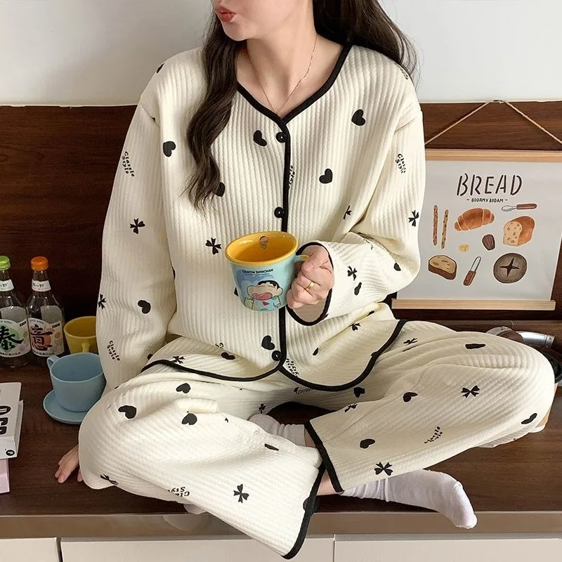 Heart Print Sleepwear Women Pajama Sets Korean Piiama Ruffles Pants Sets for Women 2 Pieces Autumn Night Wears Button Home Suit