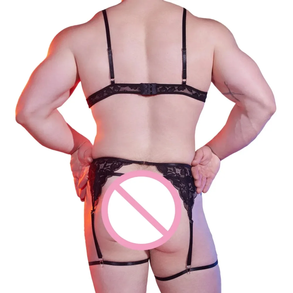Mens Spaghetti Strap Adjustable Bra Tops+G-strings+Garter Belt Sexy Stretchy Lace See Through Breathable 3pcs Male Lingerie Set