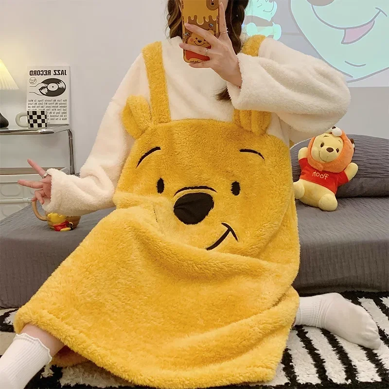 CartoonDisney Winnie the Pooh Pajamas Winter Plush Crew Neck Long Sleeve Warm Pajamas Winnie the Pooh Loungewear Women's Pajamas