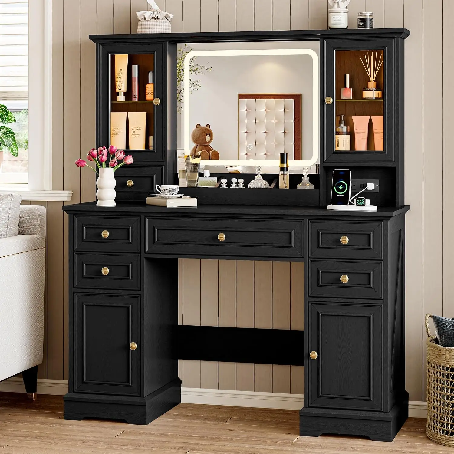Vanity Desk with Lights, Large LED Mirror with 3 Color Modes, Makeup Vanity with Power Outlet & USB Ports, Customized