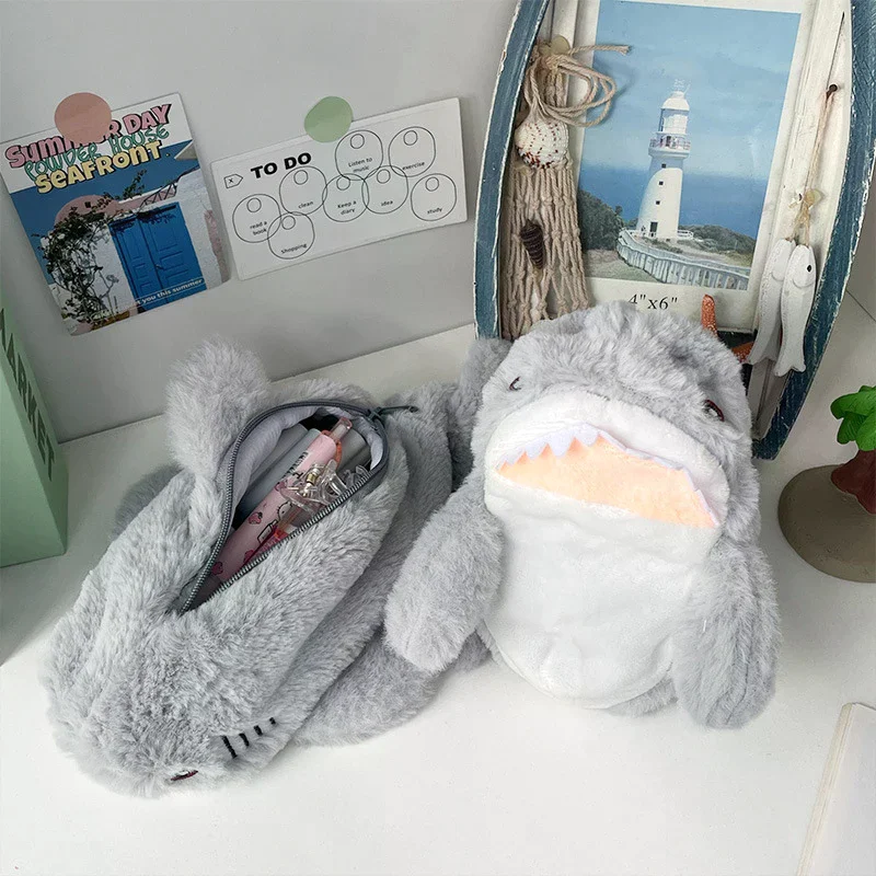 Cute Plush Ocean Shark Pencil Case Cosmetic Bag Portable Large Capacity Pen Pouch Stationery Storage Box School Office Supplies