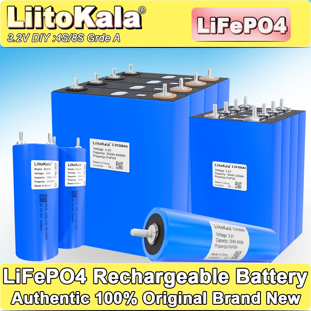 LiitoKala 3,2 V, akumulator LiFePO4 o pojemności 200 Ah/105 Ah/50 Ah/20 Ah, ogniw litowo-żelazowo-fosforanowych do głębokiego rozładowania, model 60145, cylindryczny, klasa A, ponad 4000 cykli (3.2V 20AH-Stud 4pcs)