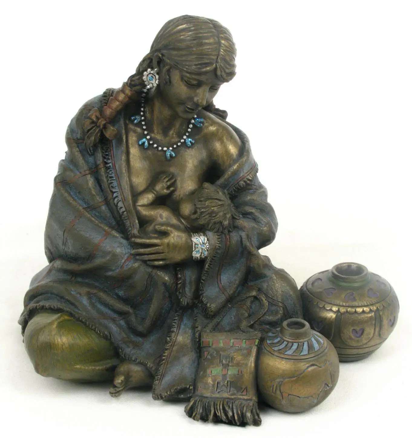 Native American Mother & Child Resin Statue Bronze Finish Indian Nursing Figurine Tribal Family Sculpture Home Office Decoration