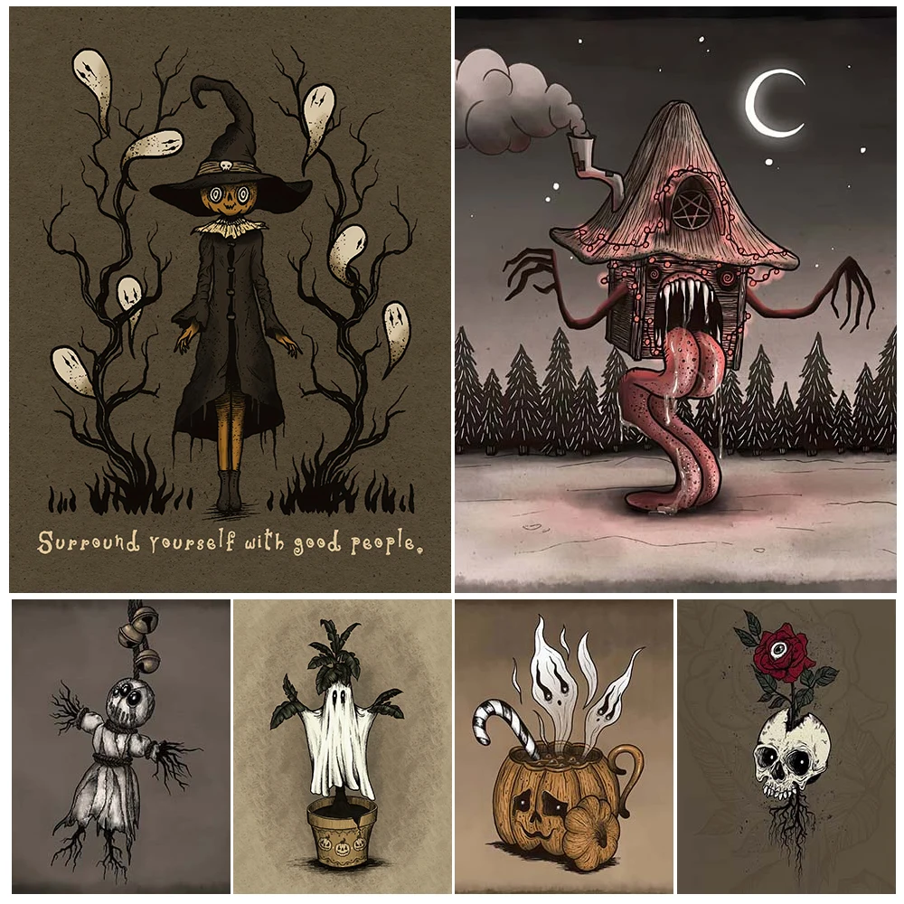 Devil House,Voodoo Doll,Witch Soup,Bone Halloween Tree Vintage Wall Art Canvas Print Ghost Plant Art Poster And Print Home Decor